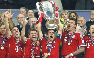 Bayern Munich lift the Champions League trophy after beating arch-rivals Dortmund 2-1