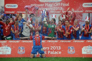 The Crystal Palace players celebrate their 1-0 Championship play-off win over Watford yesterday