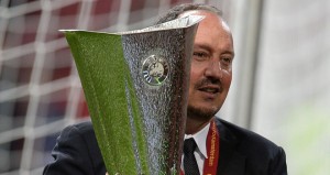 Rafa Benitez with the Europa League trophy, after Chelsea defeated Benfica 2-1 with a last-gasp winner from Branislav Ivanovic