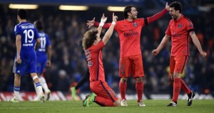 PSG players celebrated their win at Chelsea in the Champions League after progressing to the quarter-finals on away goals