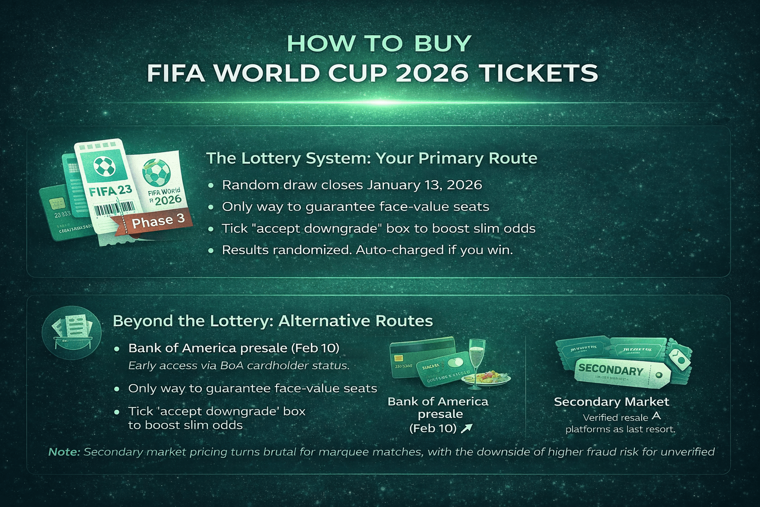 Infographic explaining how to purchase 2026 FIFA World Cup tickets. Highlights official lottery systems, Bank of America pre-sales, and secondary resale options.