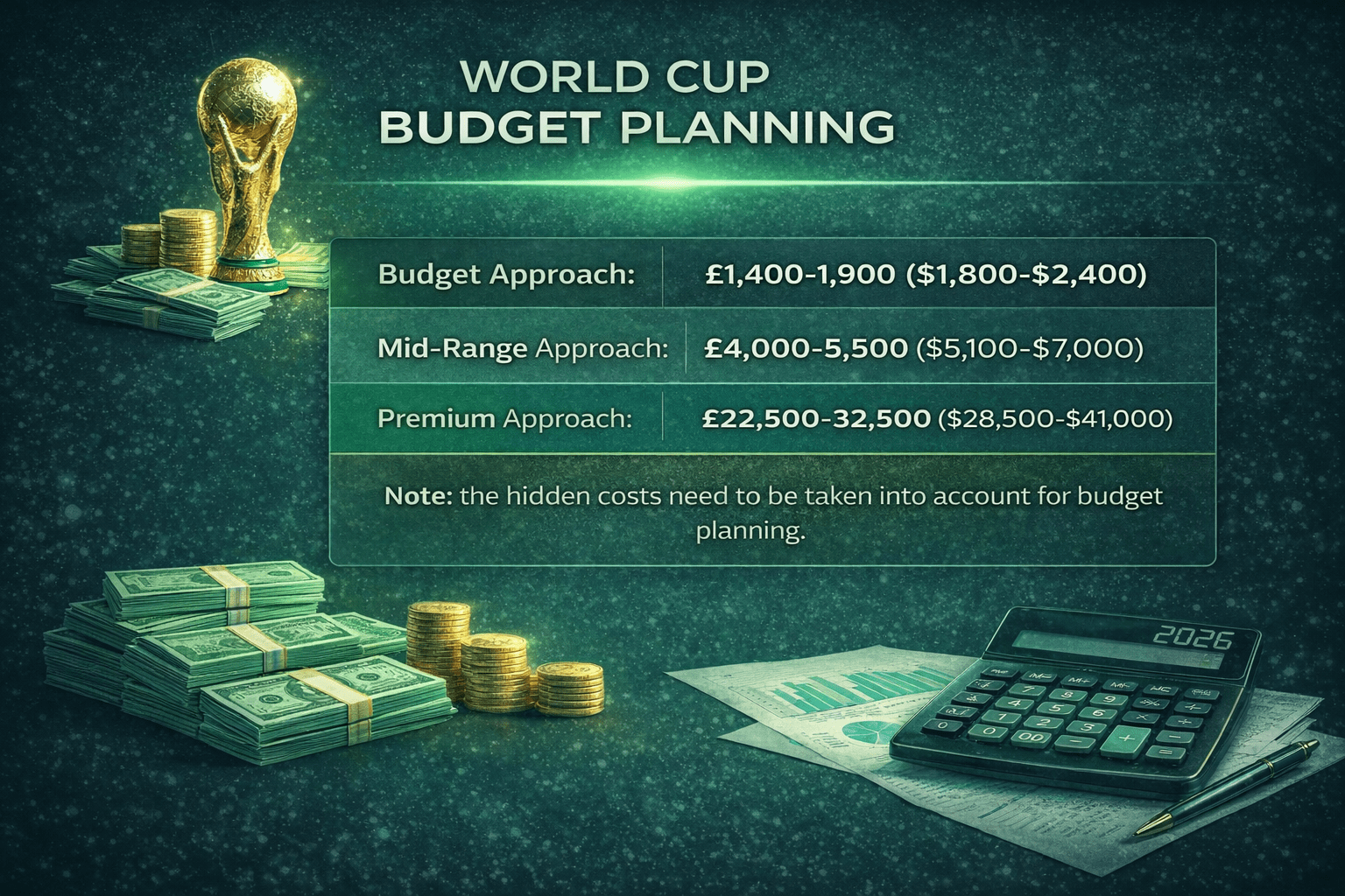 2026 World Cup Budget Plan Infographic. Compare budget, mid-range, and premium spending levels with estimated costs for tickets, travel, and lodging.
